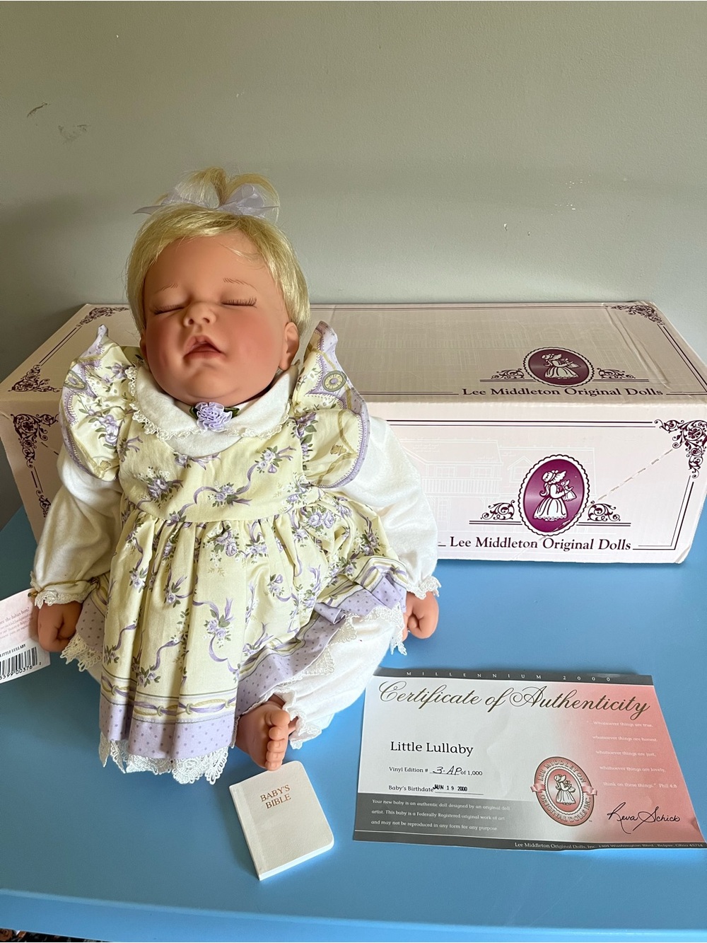 Lee Middleton 'Little Lullaby' Baby Doll in Pale Yellow & Lavender Dress